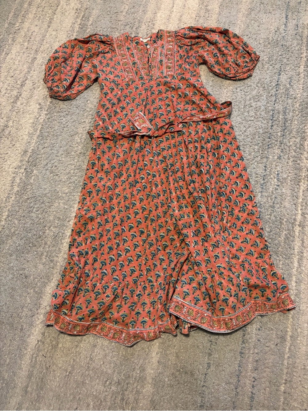 Marea by Liz Joy Cotton Block Print House Maxi Dress Boho Coral Pink Sz 2 Belted - Picture 1 of 8